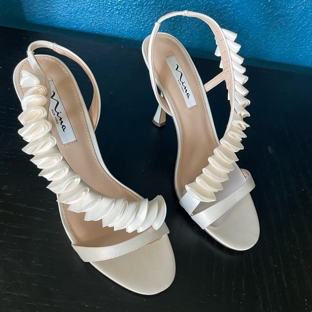 Nina White Ruffle Slingback Heels